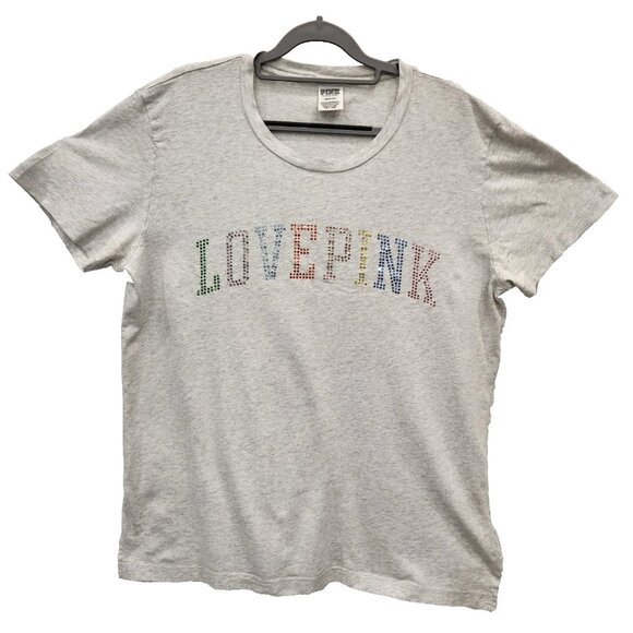 Victoria’s Secret PINK Rhinestone Bling "Love Pink" T-Shirt Campus Cotton Size L - Picture 1 of 7